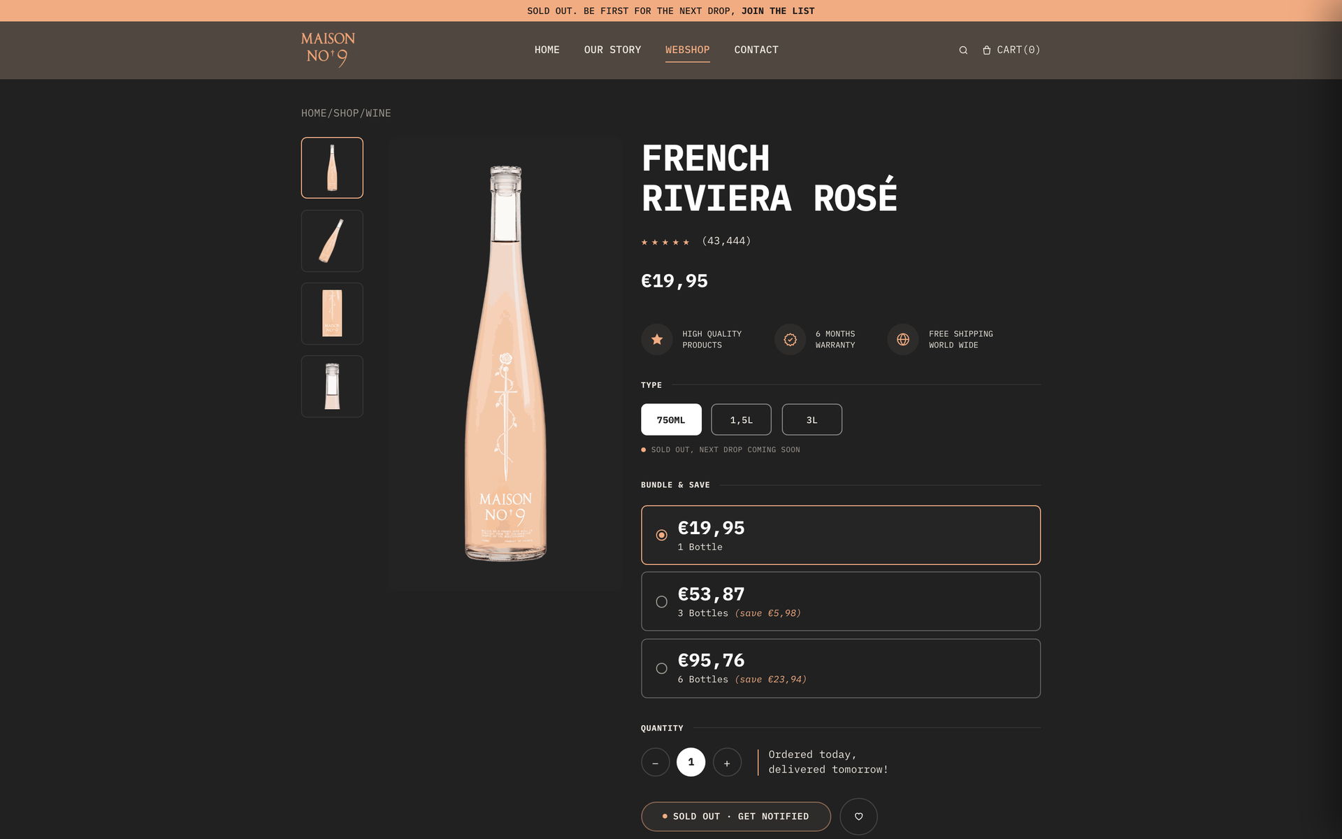 Productpagina van Maison No. 9 met formaatkeuze en bundelkorting